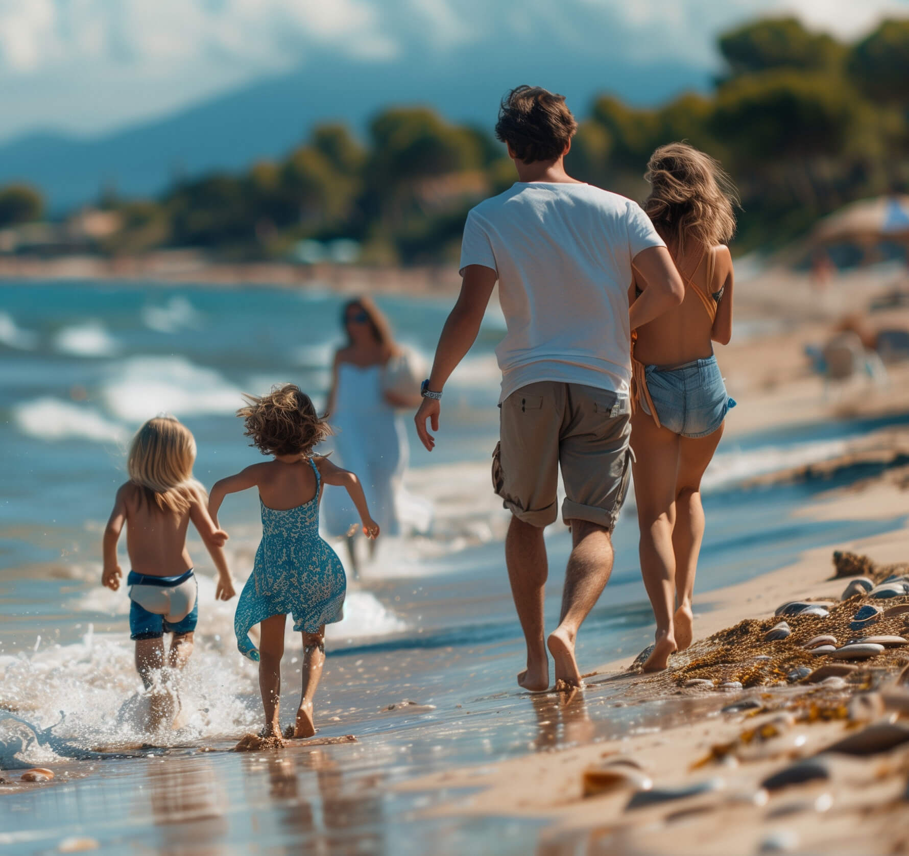 Family running on the beach